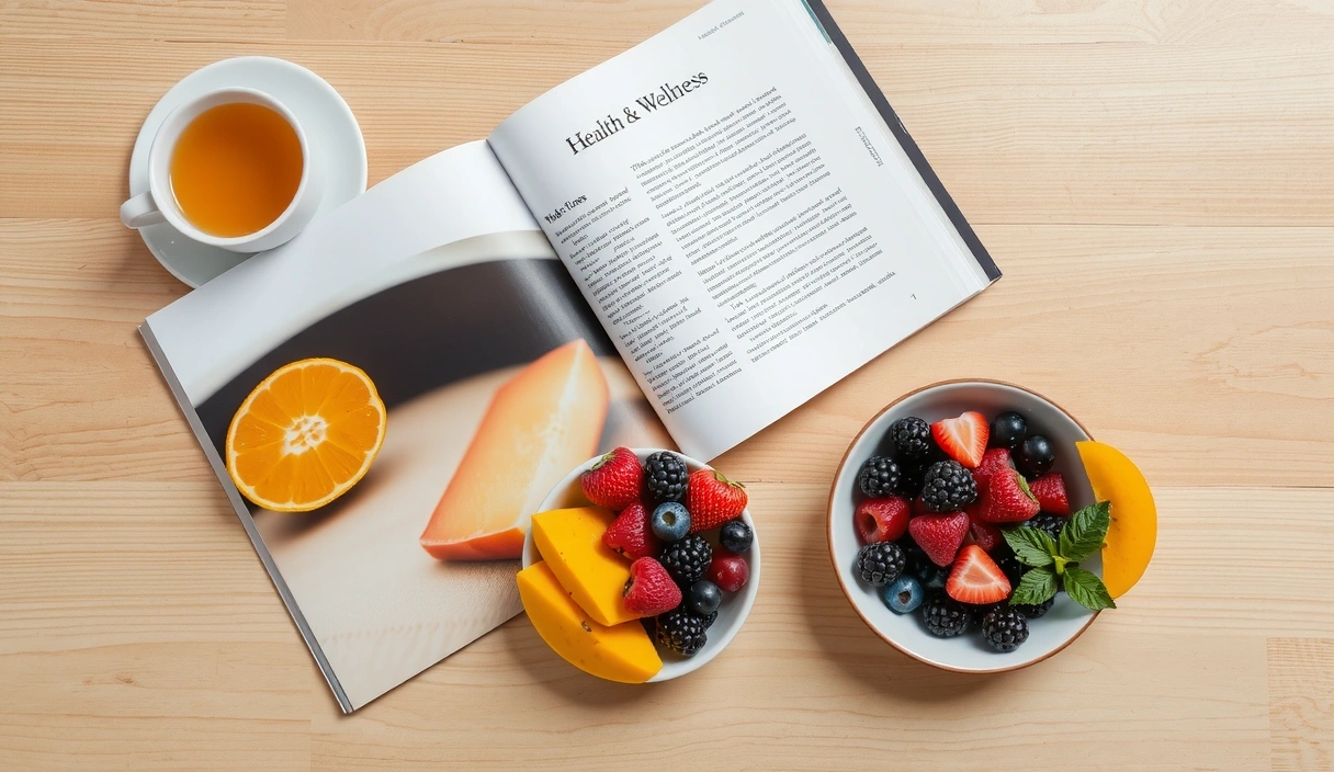 Otevřená kniha o zdraví s šálkem čaje a čerstvým ovocem