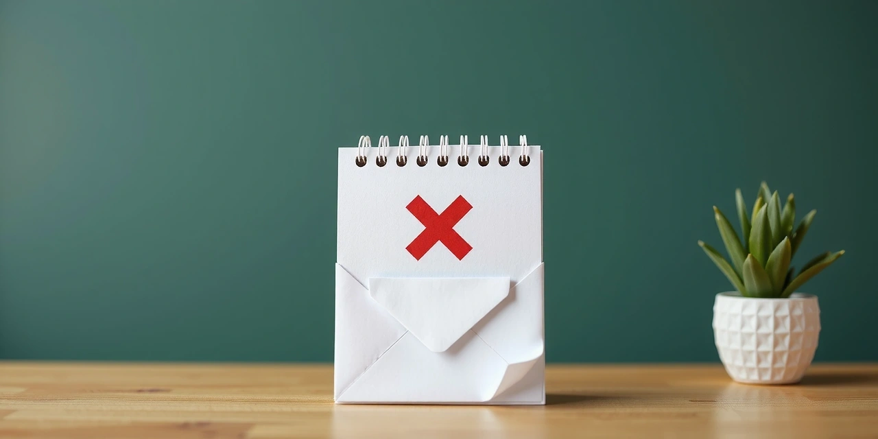 Ilustrace kalendáře s křížkem pro zrušení a obálky pro reklamaci, symbolizující storno a reklamace