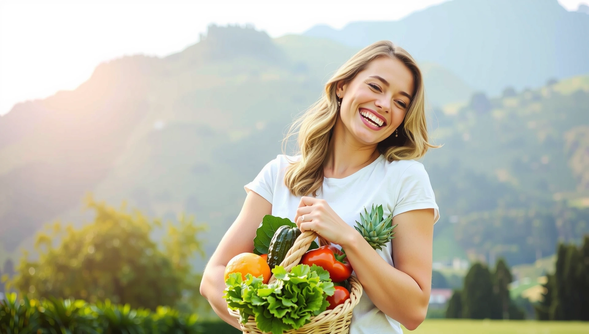 Šťastná, zdravá žena s čerstvými plody na pozadí přírody